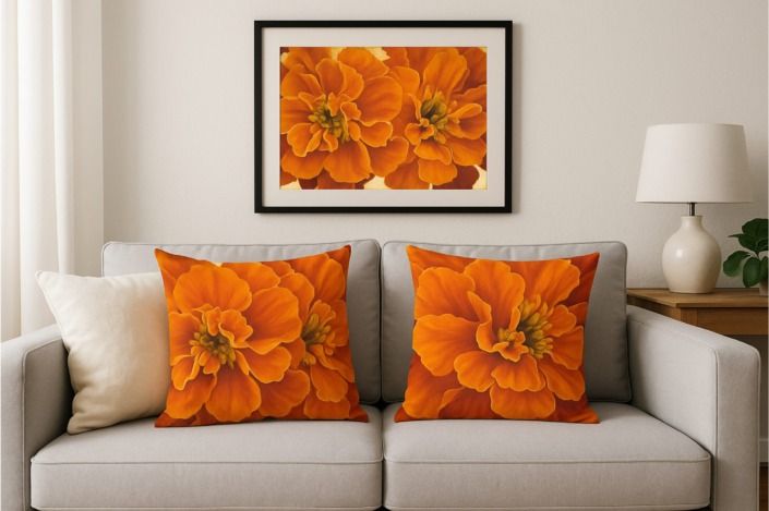 A modern living room with pillowcases and print with licensed art images of the Marigolds painting.
