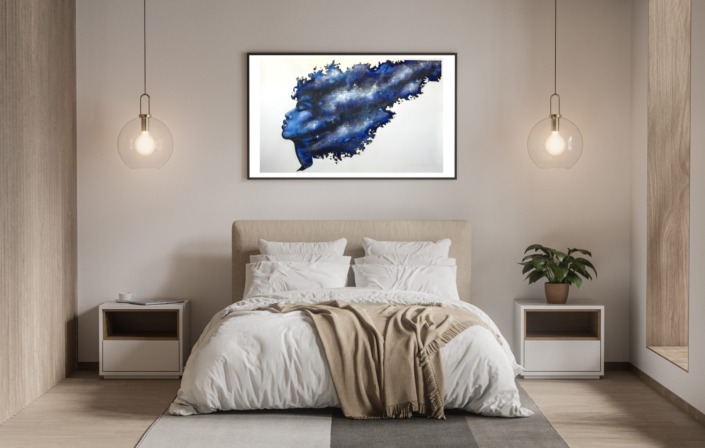 Limited Edition print 'Cosmos' displayed in a modern bedroom