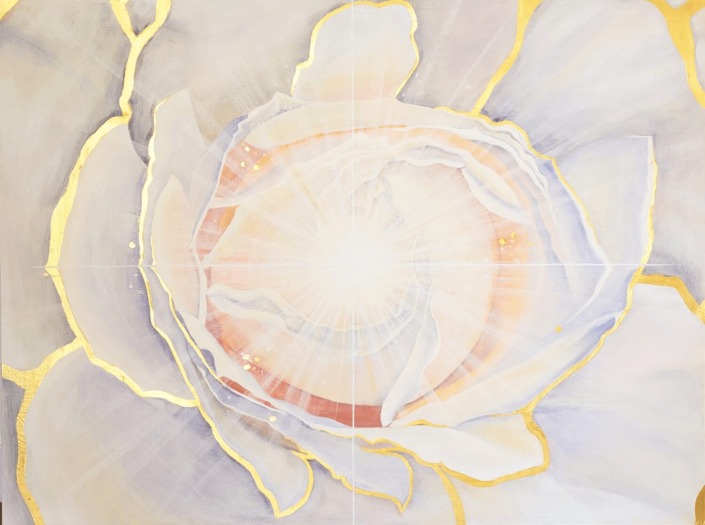 A personalized commissioned painting, a white rose with light radiating from the center with 24k gold leaf around the edges.
