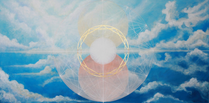 An original commissioned painting with geometric circular shapes on a blue sky background.